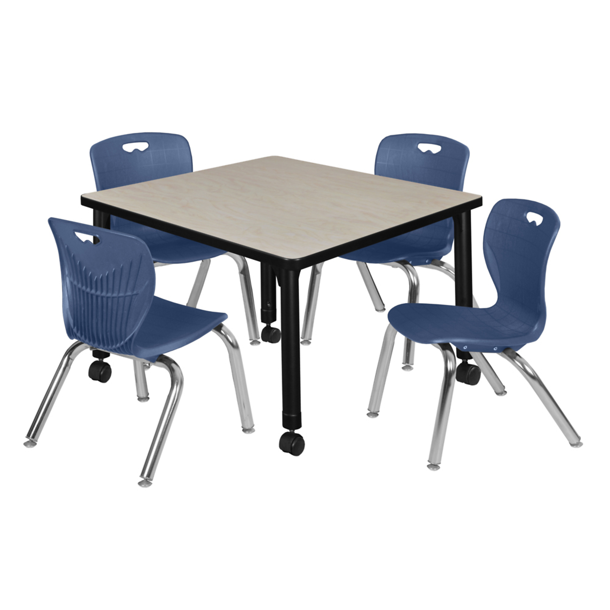 Regency Kee Mobile Adjustable Classroom Table with 4 Andy 12in. Stack Chairs — 30in. Square, Maple/Cherry, Navy Blue, Model# TB3030PLAPCBK45NV